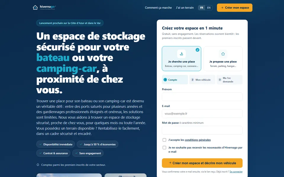 Page d'accueil d'Hivernago : « Un espace de stockage sécurisé pour votre bateau ou votre camping-car, à proximité de chez vous »