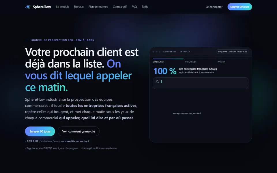 Page d'accueil de SphereFlow : « Votre prochain client est déjà dans la liste. On vous dit lequel appeler ce matin. »