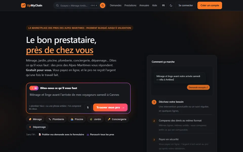Page d'accueil d'UpMyChain : « Le bon prestataire, près de chez vous », avec la demande assistée par IA
