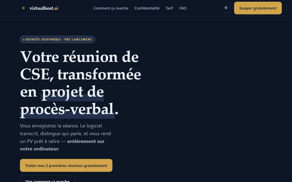 Page d'accueil de virtualhost.ai : « Votre réunion de CSE, transformée en projet de procès-verbal »